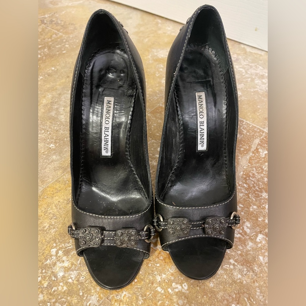 Manolo Blahnik black peep-toe stilettos, size 36.5.